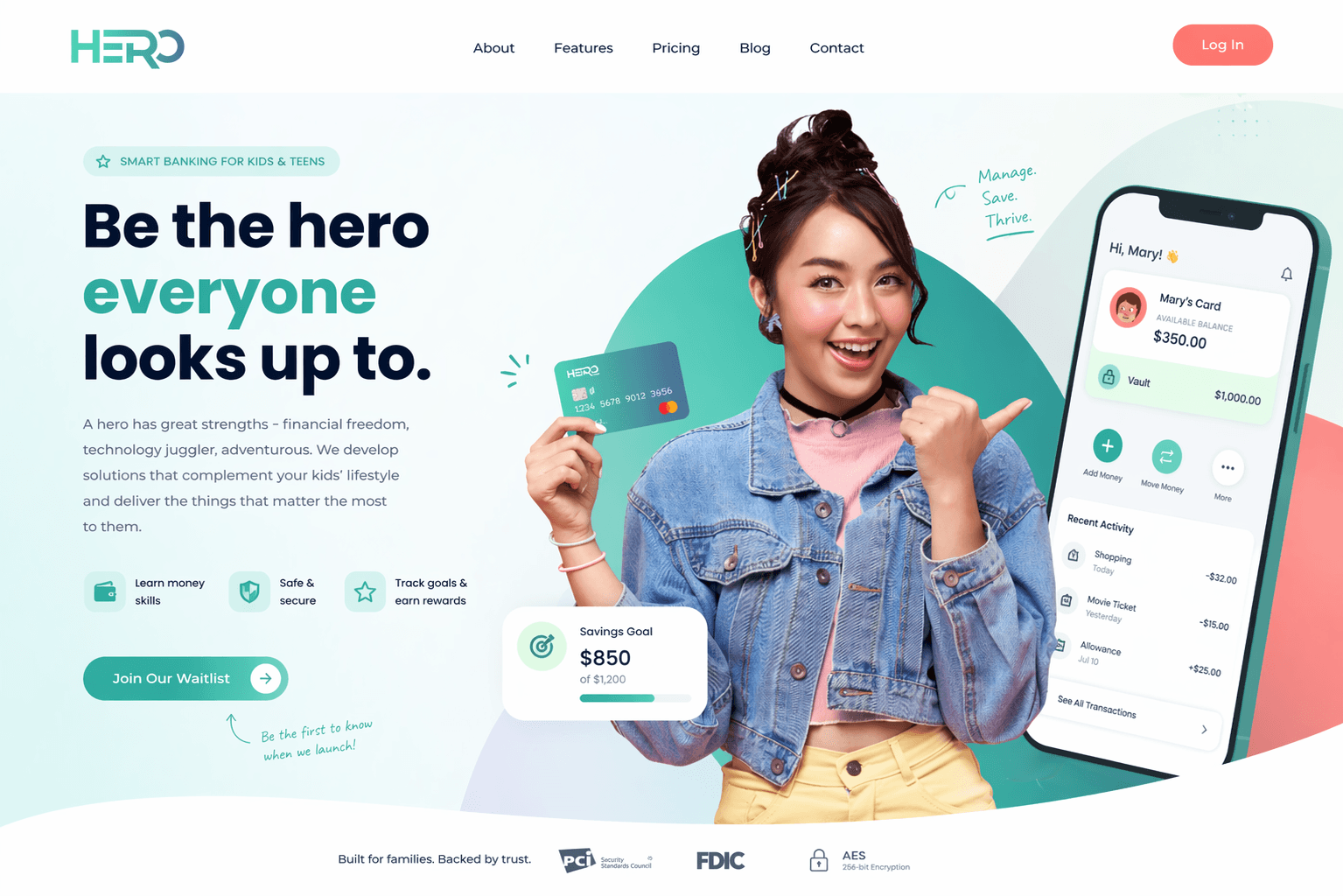 Hero marketing landing — teen holding a HERO card beside a phone showing Mary’s Card balance, savings goal, and recent activity