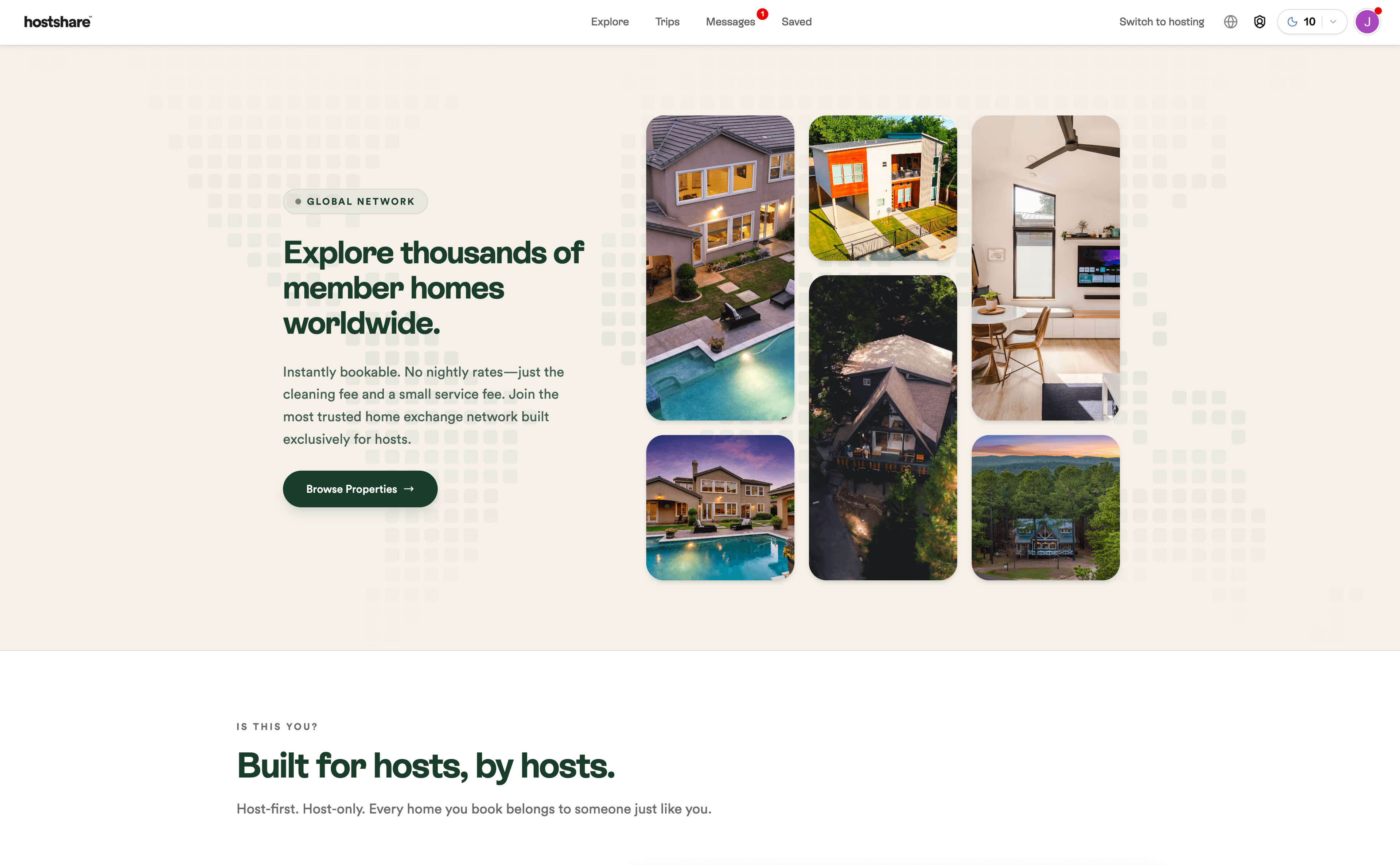 Hostshare global network — "Explore thousands of member homes worldwide" gallery collage
